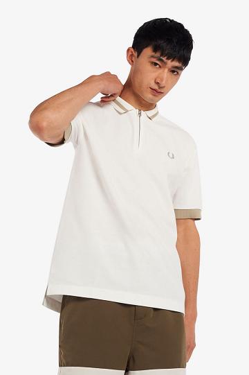 White Fred Perry Zip Neck Polo Men's Shirts | PH 1549QMAZ